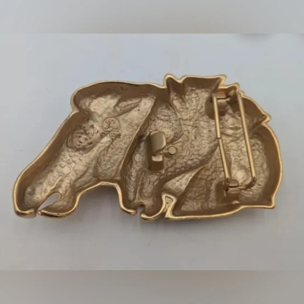 Vtg Doreen Ryan Belt Buckle Gold Double Horses Stallion Heads Equestrian Western